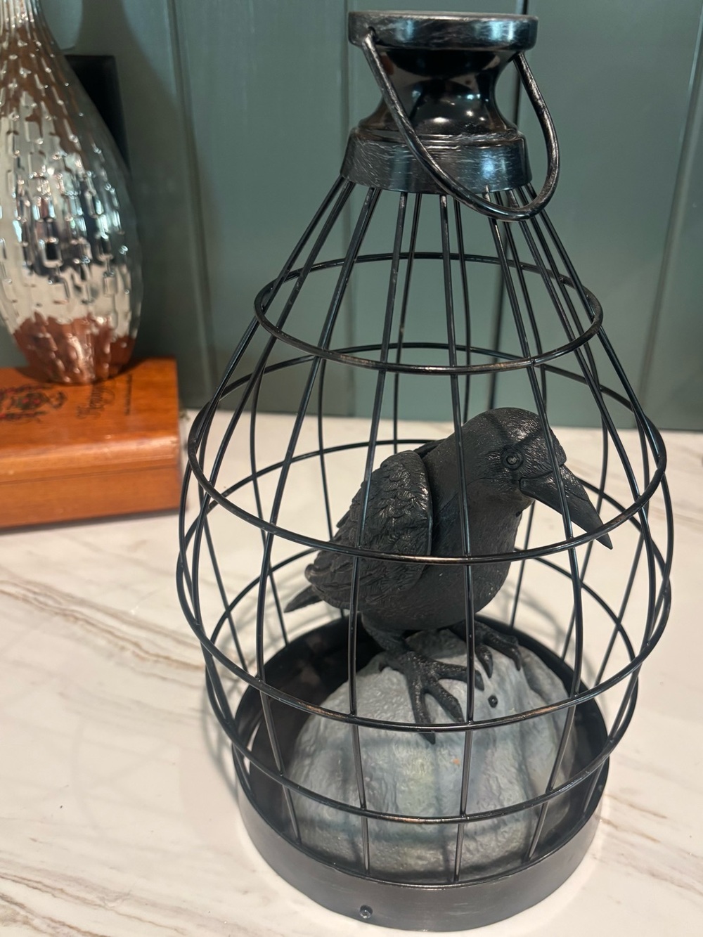 Sensor Activated Animated Black Metal Cage Raven Halloween Decor Accent Figurine